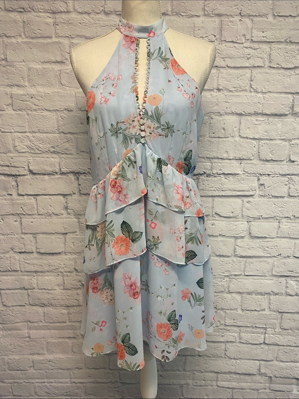 Express Light Blue Floral Halter Tiered Mini Dress Size 10